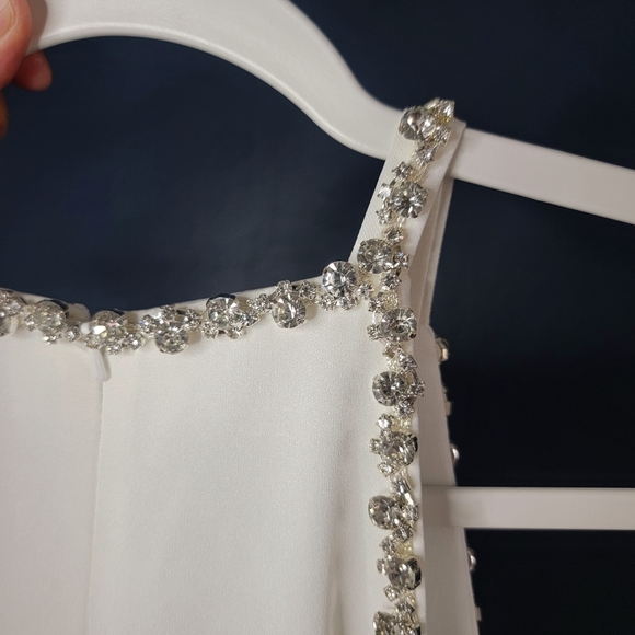 New Mac Duggal 11437 White Rhinestone Feather Trim Halter Neck Mini A-line Dress - Picture 13 of 15